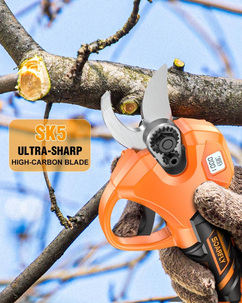SOARFLY Upgraded Electric Pruning Shears, 1.5'' Cutting Diameter, Brushless Motor Cordless Pruner with LCD Display, 2 x 2000mAh Batteries & Extra SK5 Blades for Garden, Orchard & Branches - Image 3